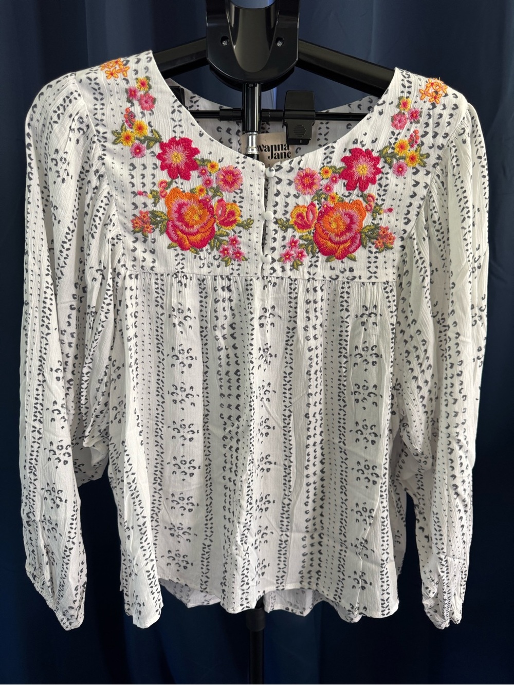 Savanna Jane White Peasant Blouse Pink Orange Floral Embroidery Boho Romantic